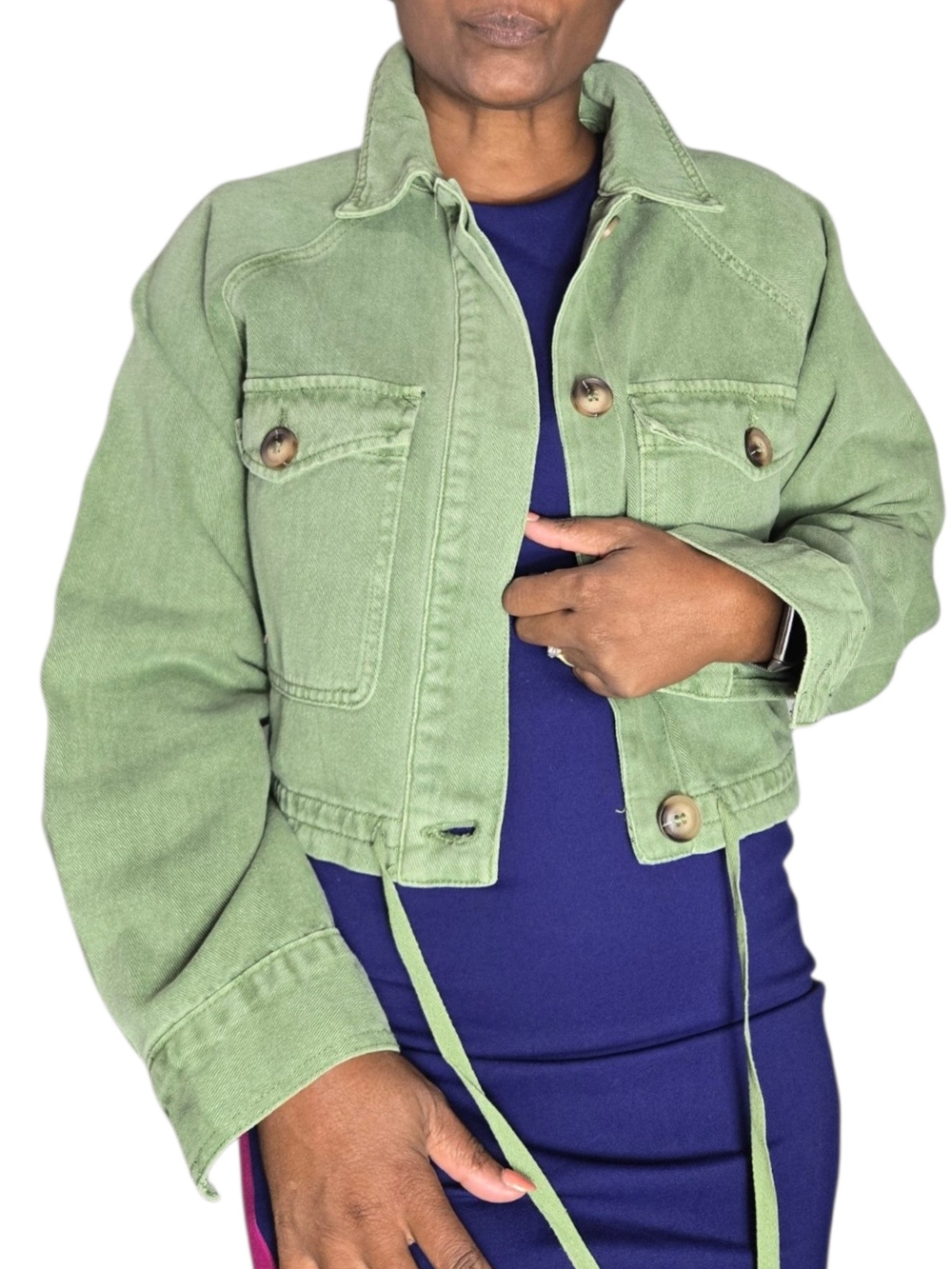 BLANKNYC Olive Green Cropped Denim Cotton Utility Jacket Drawstring Hem Boxy XS